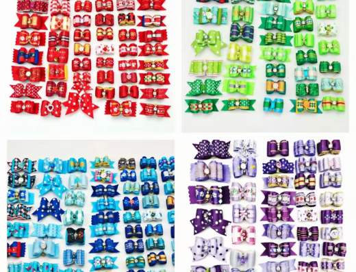 Colorful dog grooming bows: red, green, blue, and purple patterns.